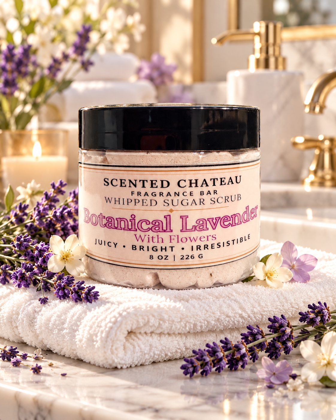 Botanical Lavender Whipped Sugar Scrub with Lavender Flowers