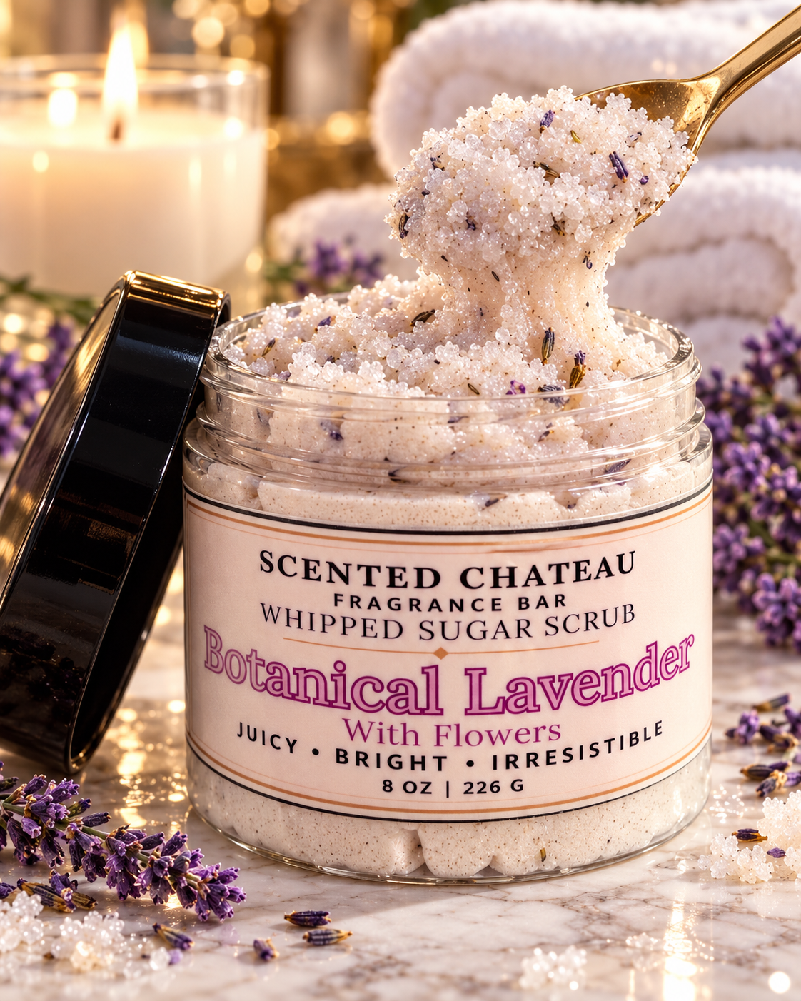 Botanical Lavender Whipped Sugar Scrub with Lavender Flowers