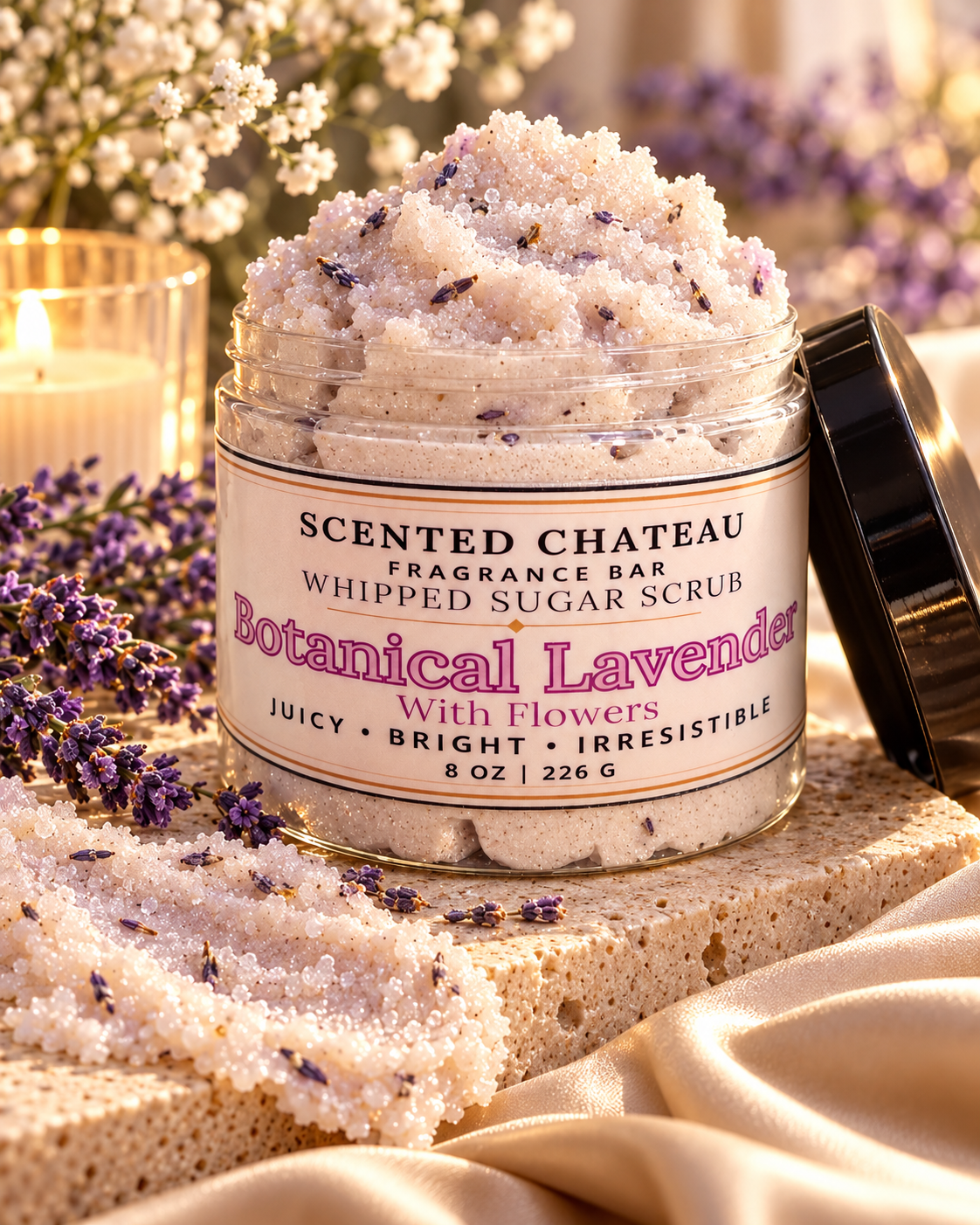 Botanical Lavender Whipped Sugar Scrub with Lavender Flowers