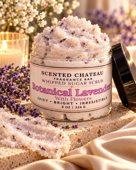 Botanical Lavender Whipped Sugar Scrub with Lavender Flowers