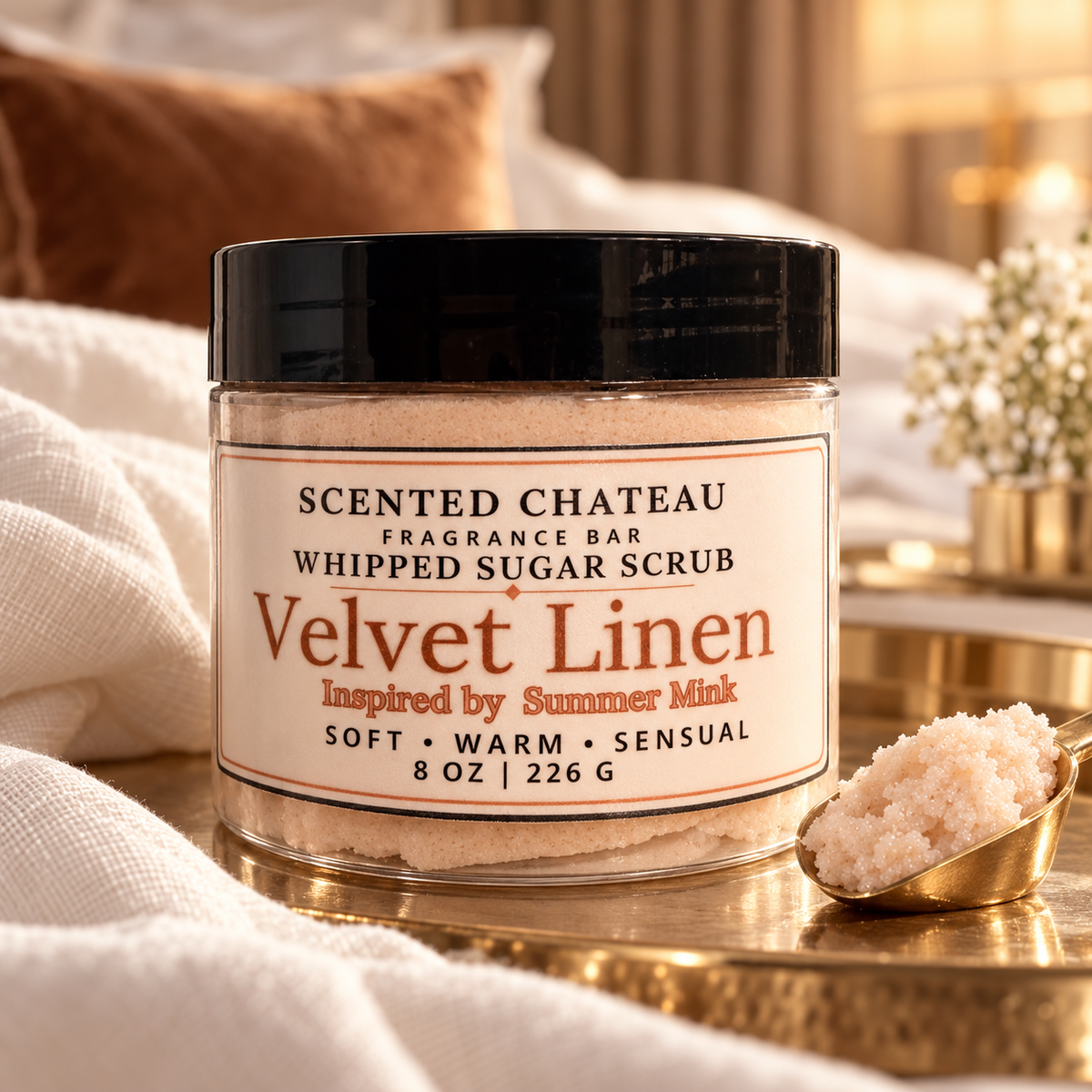 Velvet Linen Whipped Sugar Scrub | Warm Amber Musk Body Polish