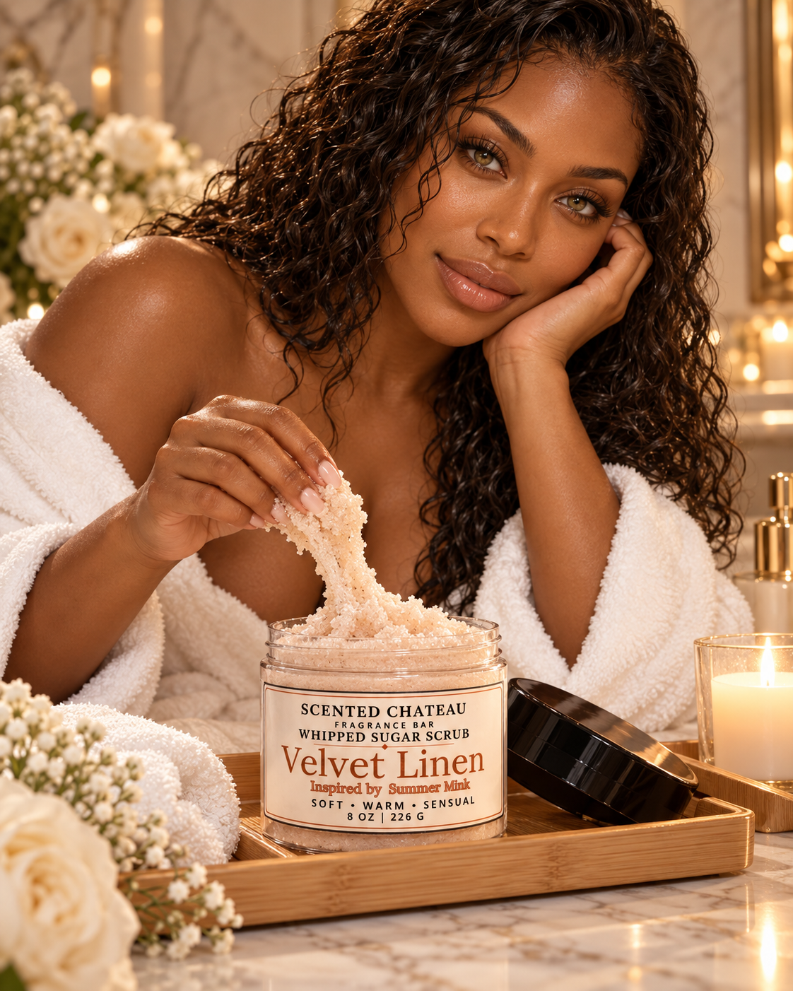Velvet Linen Whipped Sugar Scrub | Warm Amber Musk Body Polish