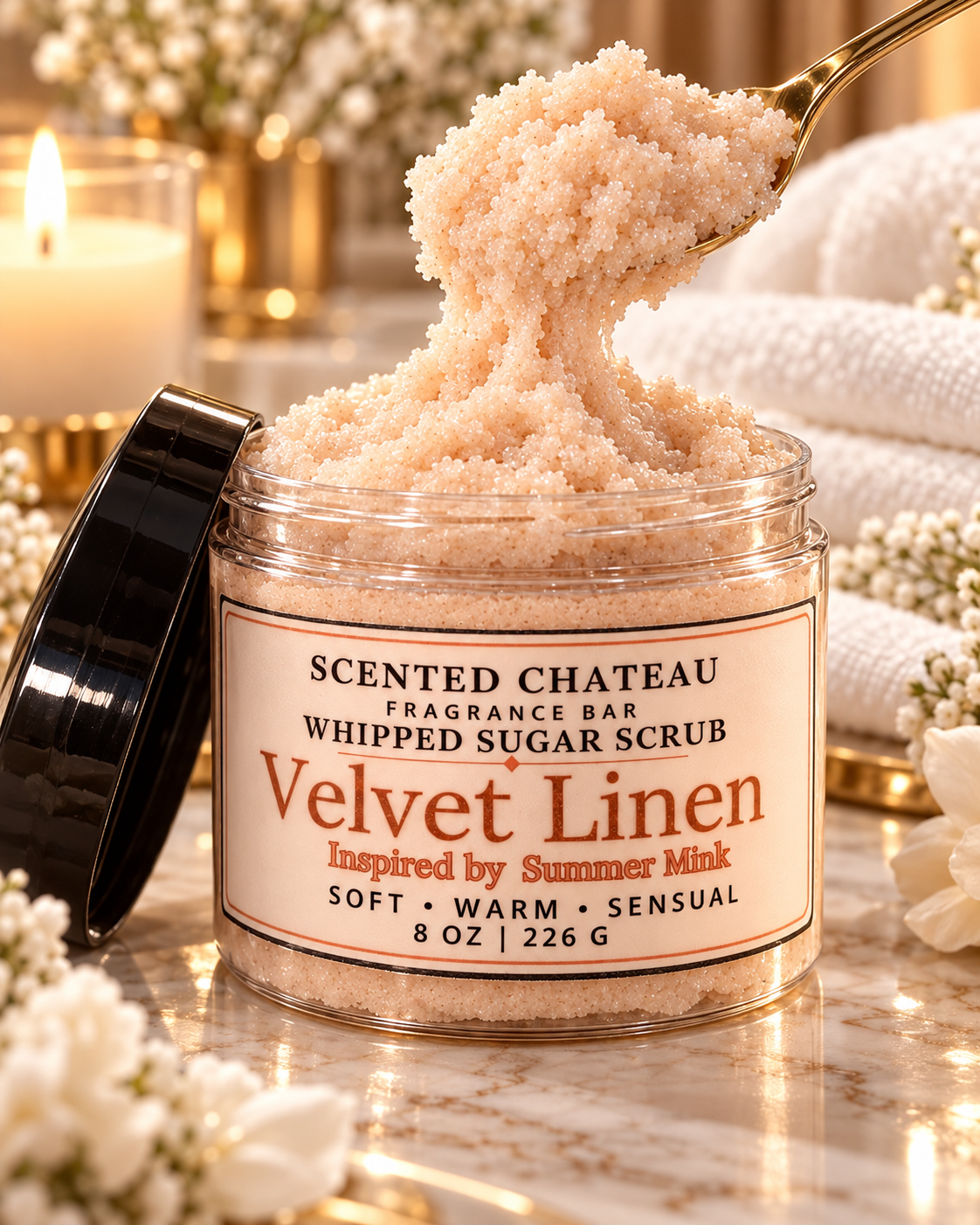 Velvet Linen Whipped Sugar Scrub | Warm Amber Musk Body Polish