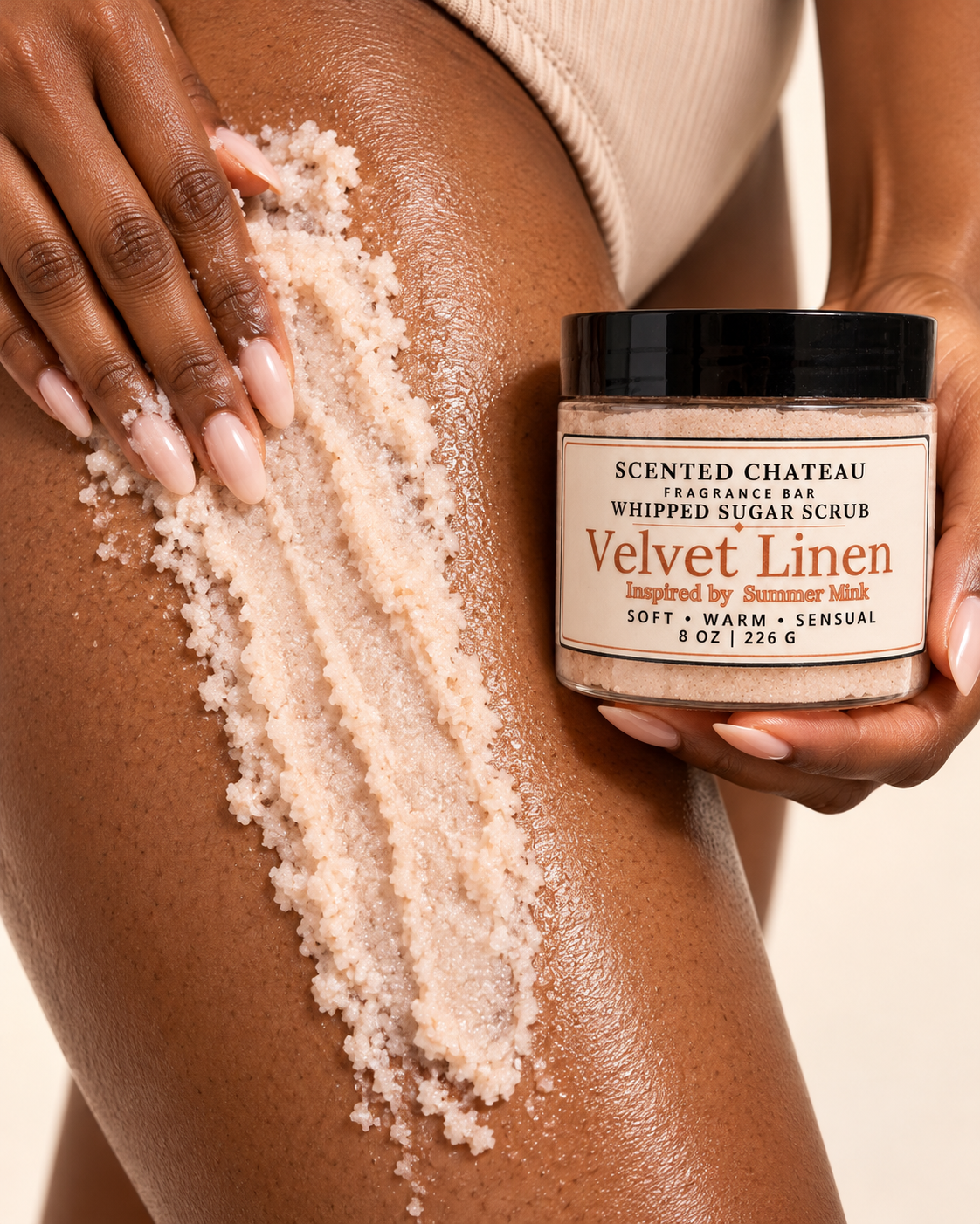 Velvet Linen Whipped Sugar Scrub | Warm Amber Musk Body Polish