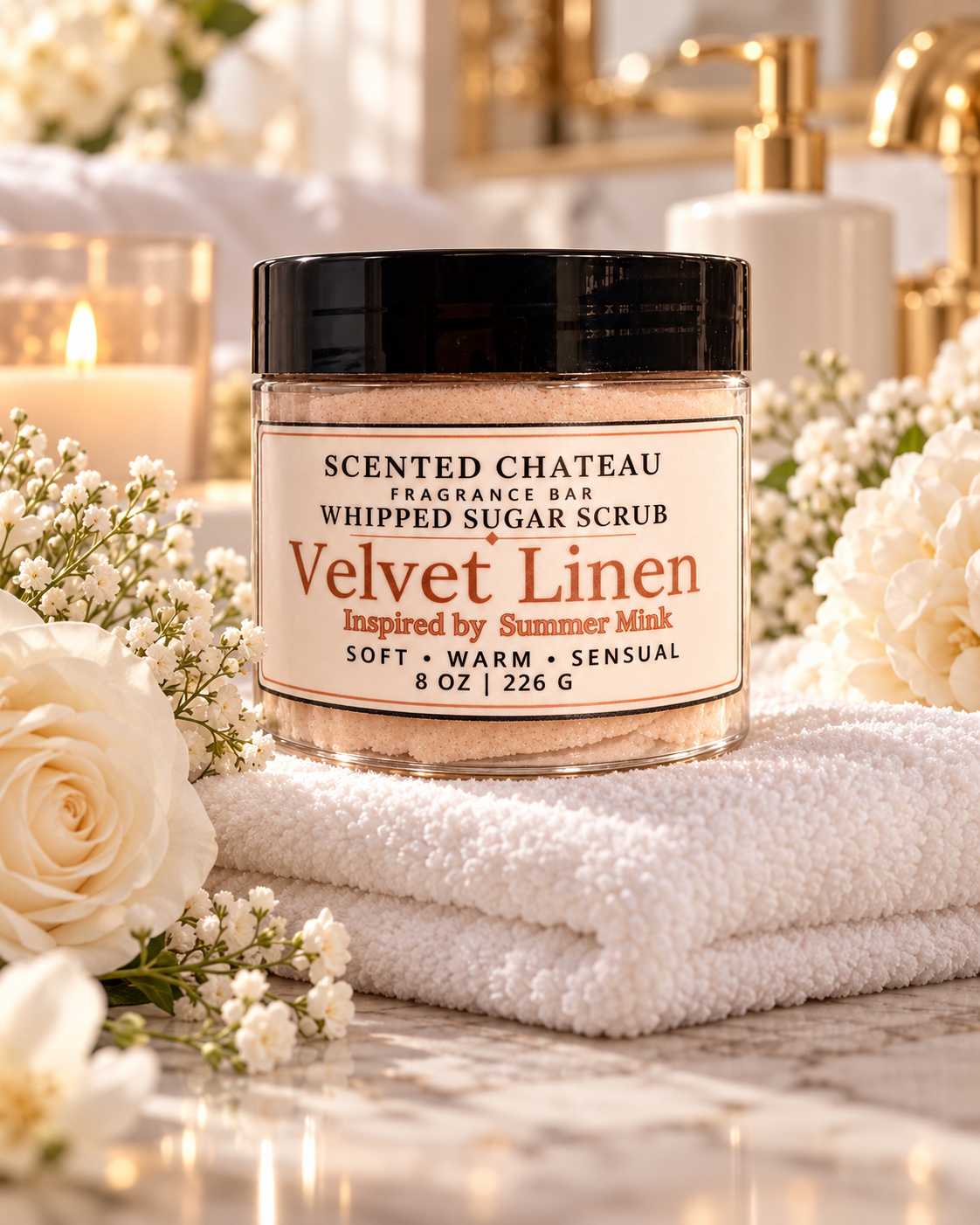 Velvet Linen Whipped Sugar Scrub | Warm Amber Musk Body Polish