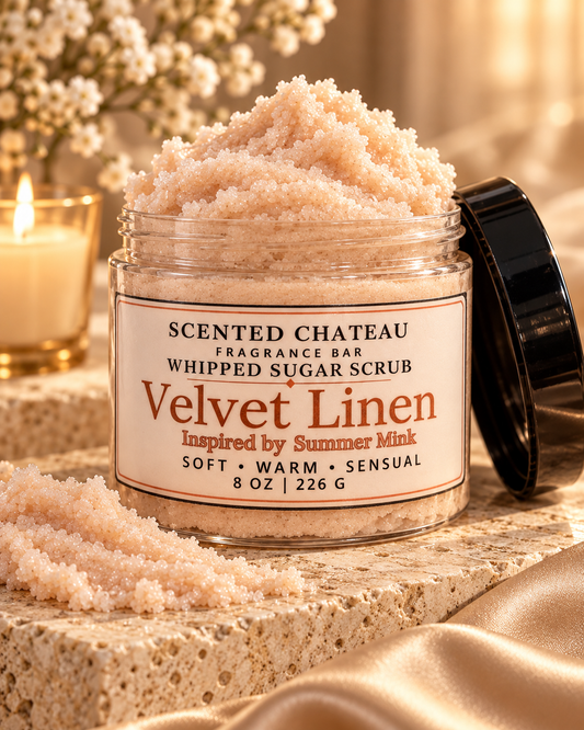 Velvet Linen Whipped Sugar Scrub | Warm Amber Musk Body Polish